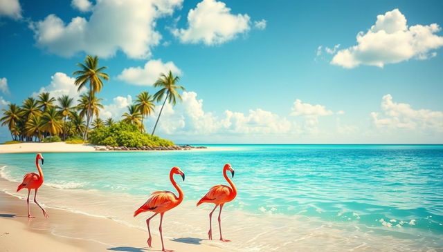 A vibrant scene depicting a tropical island paradise with several flamingos gracefully standing on the sandy beach