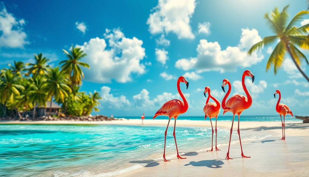 A vibrant scene depicting a tropical island paradise with several flamingos gracefully standing on the sandy beach