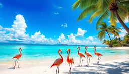 A vibrant scene depicting a tropical island paradise with several flamingos gracefully standing on the sandy beach