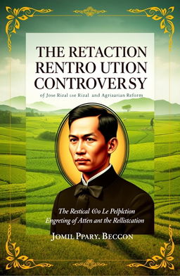 A visually striking book cover design for 'The Retraction Controversy of Jose Rizal and Agrarian Reform'
