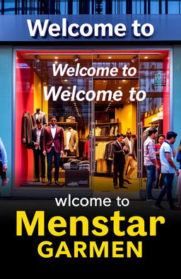 A vibrant and inviting storefront of a clothing shop featuring the text 'Welcome to Menstar Garment' prominently displayed