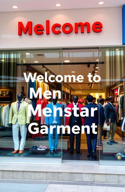 A vibrant and inviting storefront of a clothing shop featuring the text 'Welcome to Menstar Garment' prominently displayed