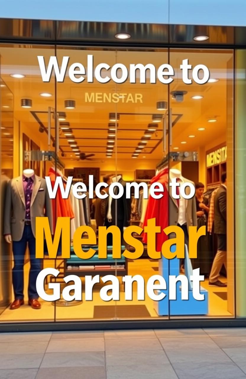 A vibrant and inviting storefront of a clothing shop featuring the text 'Welcome to Menstar Garment' prominently displayed