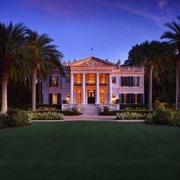 A luxurious mansion with neoclassical architecture, surrounded by beautifully manicured gardens under a twilight sky.