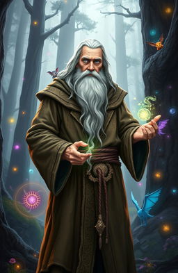 An ancient legendary mage standing confidently in a mystical forest, wearing a tattered robe with intricate arcane symbols
