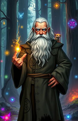 An ancient legendary mage standing confidently in a mystical forest, wearing a tattered robe with intricate arcane symbols