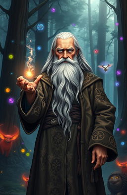 An ancient legendary mage standing confidently in a mystical forest, wearing a tattered robe with intricate arcane symbols