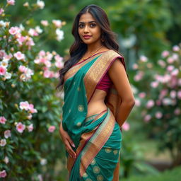 A beautiful Tamil girl dressed in a traditional saree, elegantly draped to accentuate her curves