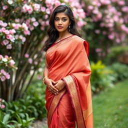 A beautiful Tamil girl dressed in a traditional saree, elegantly draped to accentuate her curves