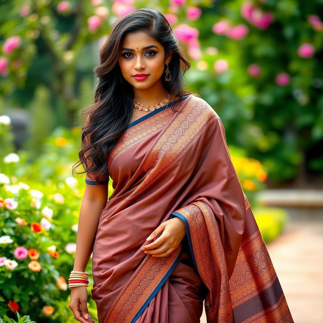 A beautiful Tamil girl dressed in a traditional saree, elegantly draped to accentuate her curves