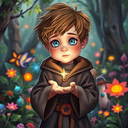 A young boy with bright, shimmering blue eyes and tousled hair, dressed in a small, slightly oversized mage robe adorned with magical symbols