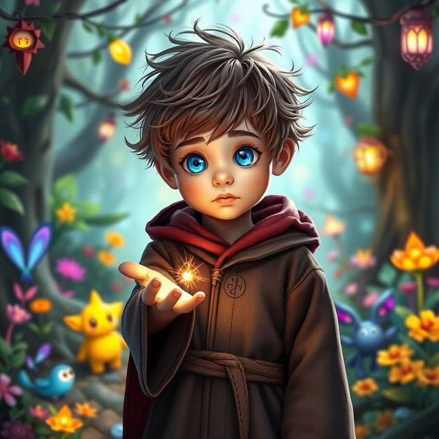 A young boy with bright, shimmering blue eyes and tousled hair, dressed in a small, slightly oversized mage robe adorned with magical symbols