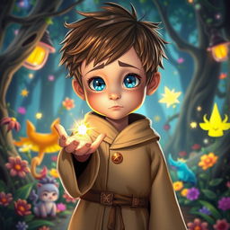 A young boy with bright, shimmering blue eyes and tousled hair, dressed in a small, slightly oversized mage robe adorned with magical symbols