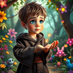 A young boy with bright, shimmering blue eyes and tousled hair, dressed in a small, slightly oversized mage robe adorned with magical symbols