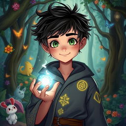 A 15-year-old boy depicted as a legendary mage, standing in an enchanting forest