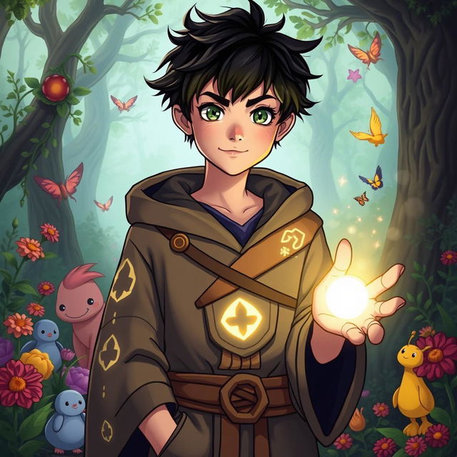 A 15-year-old boy depicted as a legendary mage, standing in an enchanting forest