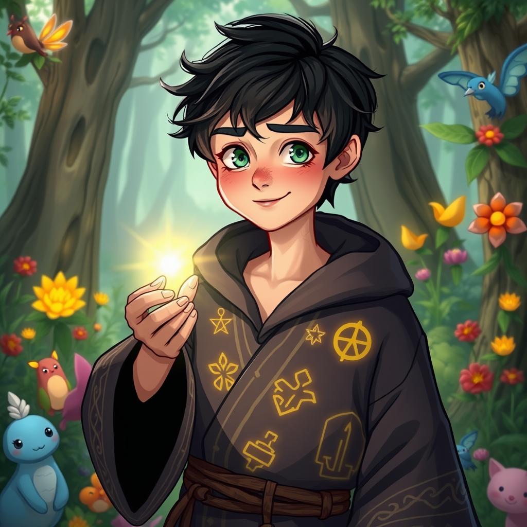 A 15-year-old boy depicted as a legendary mage, standing in an enchanting forest