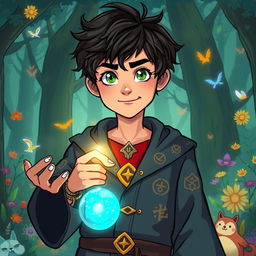 A 15-year-old boy depicted as a legendary mage, standing in an enchanting forest