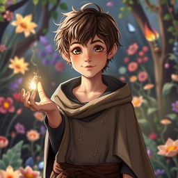 A 15-year-old boy depicted as a mage with the weakest power, standing in a vibrant, magical glade