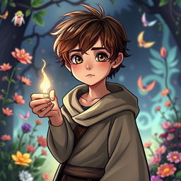 A 15-year-old boy depicted as a mage with the weakest power, standing in a vibrant, magical glade