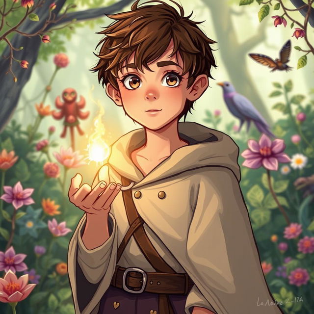 A 15-year-old boy depicted as a mage with the weakest power, standing in a vibrant, magical glade