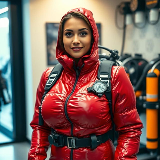 An attractive woman with a curvy figure, dressed in a shiny red puffy cold water immersion suit that emphasizes her ample bosom