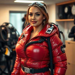 An attractive woman with a curvy figure, dressed in a shiny red puffy cold water immersion suit that emphasizes her ample bosom