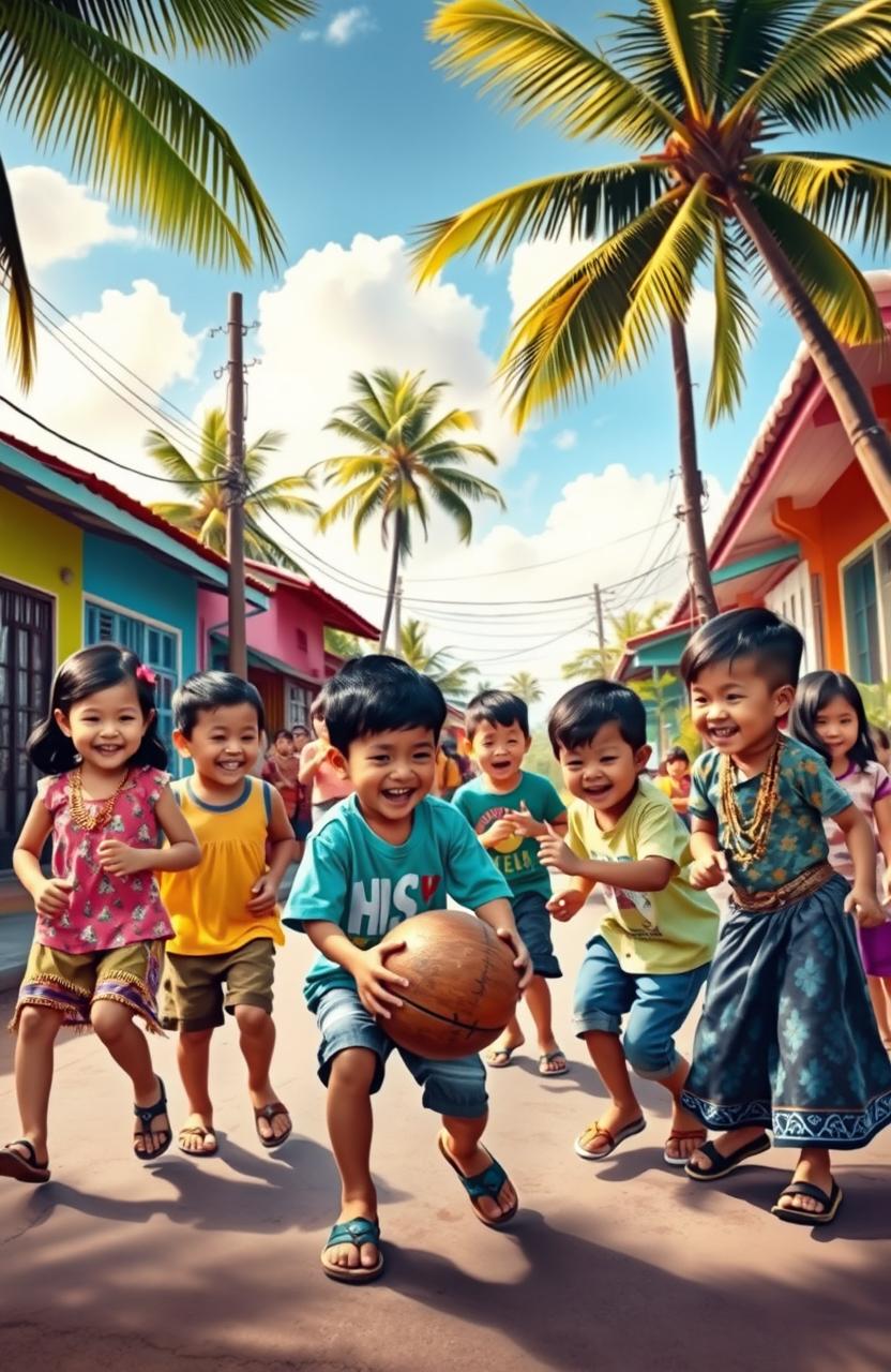 A nostalgic scene depicting a group of Filipino children playing traditional games under the sun, like 'Tumbang Preso' (a coconut can knockdown game), 'Patintero' (a tagging game), and 'Sipa' (kick the woven ball)