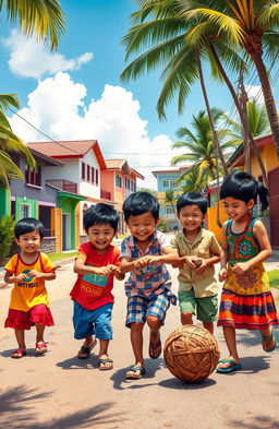 A nostalgic scene depicting a group of Filipino children playing traditional games under the sun, like 'Tumbang Preso' (a coconut can knockdown game), 'Patintero' (a tagging game), and 'Sipa' (kick the woven ball)