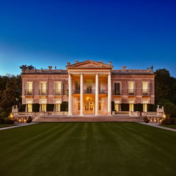 A luxurious mansion with neoclassical architecture, surrounded by beautifully manicured gardens under a twilight sky.