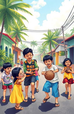 A nostalgic scene depicting a group of Filipino children playing traditional games under the sun, like 'Tumbang Preso' (a coconut can knockdown game), 'Patintero' (a tagging game), and 'Sipa' (kick the woven ball)