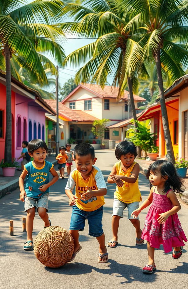 A nostalgic scene depicting a group of Filipino children playing traditional games under the sun, like 'Tumbang Preso' (a coconut can knockdown game), 'Patintero' (a tagging game), and 'Sipa' (kick the woven ball)