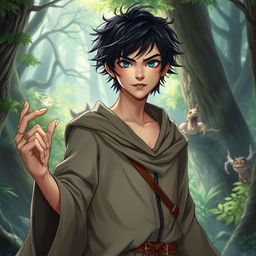 An 18-year-old boy portrayed as a mage with the weakest power, standing confidently in a mystical forest