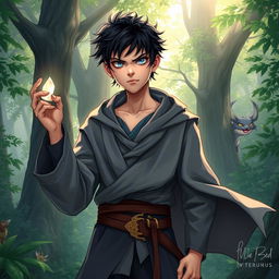 An 18-year-old boy portrayed as a mage with the weakest power, standing confidently in a mystical forest