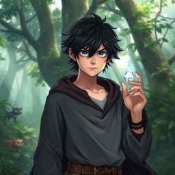 An 18-year-old boy portrayed as a mage with the weakest power, standing confidently in a mystical forest