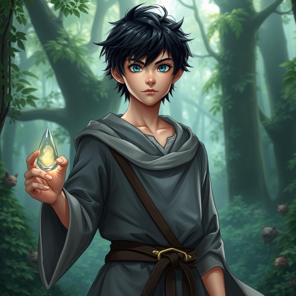 An 18-year-old boy portrayed as a mage with the weakest power, standing confidently in a mystical forest