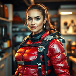 A beautiful slim woman with an attractive figure, sporting a shiny red puffy cold water immersion suit that accentuates her ample bust