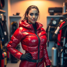 A beautiful slim woman with an attractive figure, sporting a shiny red puffy cold water immersion suit that accentuates her ample bust