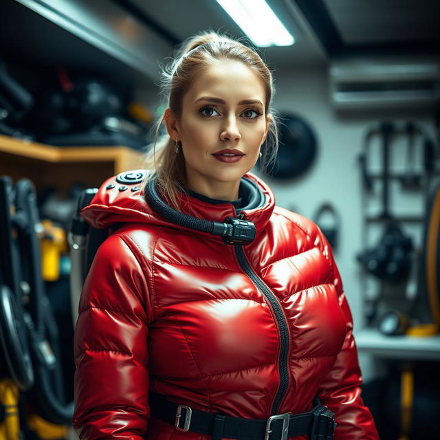 A beautiful slim woman with an attractive figure, sporting a shiny red puffy cold water immersion suit that accentuates her ample bust