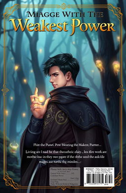 A captivating fantasy-themed back cover design for a book titled 'Mage With The Weakest Power'