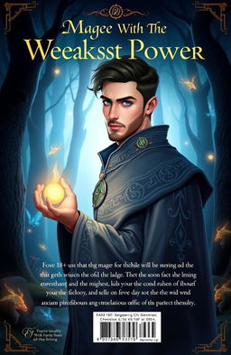 A captivating fantasy-themed back cover design for a book titled 'Mage With The Weakest Power'