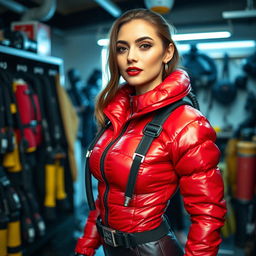 A stunning slim woman with an attractive figure, wearing a shiny red puffy cold water immersion suit that accentuates her curvaceous bust