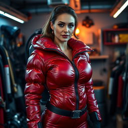 A stunning slim woman with an attractive figure, wearing a shiny red puffy cold water immersion suit that accentuates her curvaceous bust