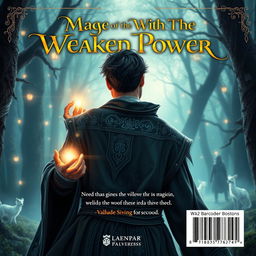 A captivating fantasy-themed back cover design for a book titled 'Mage With The Weakest Power'