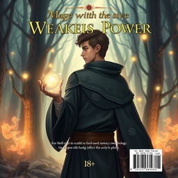 A captivating fantasy-themed back cover design for a book titled 'Mage With The Weakest Power'