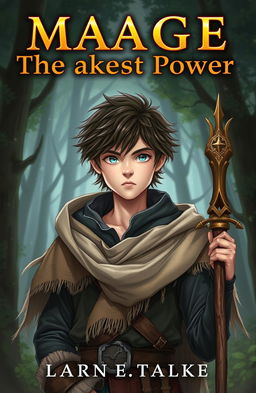 A fantasy book cover featuring a young male mage with the weakest power, looking determined yet slightly insecure