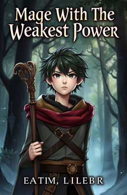 A fantasy book cover featuring a young male mage with the weakest power, looking determined yet slightly insecure