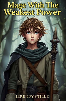 A fantasy book cover featuring a young male mage with the weakest power, looking determined yet slightly insecure