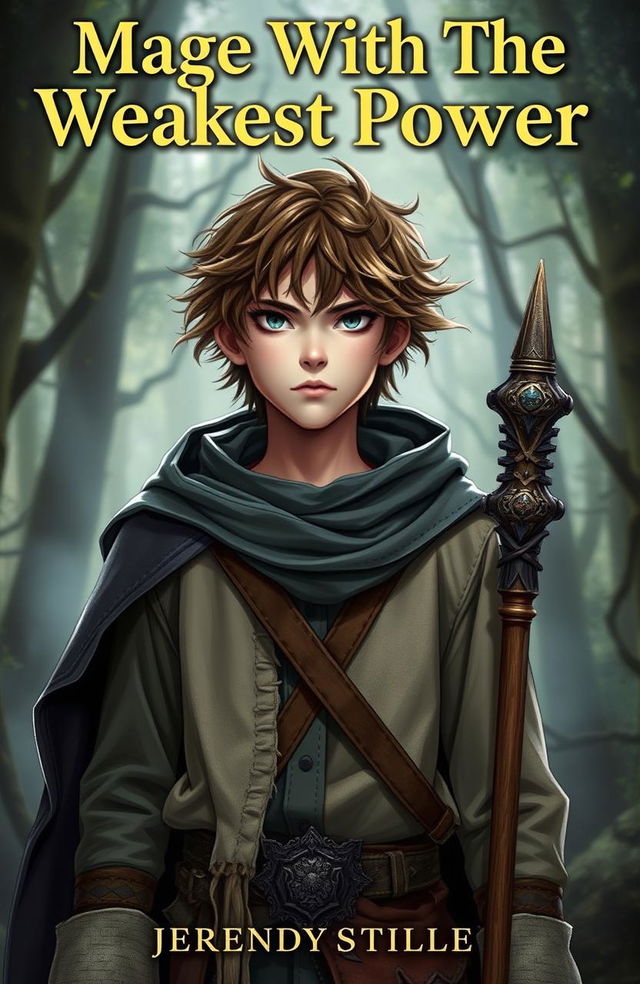 A fantasy book cover featuring a young male mage with the weakest power, looking determined yet slightly insecure