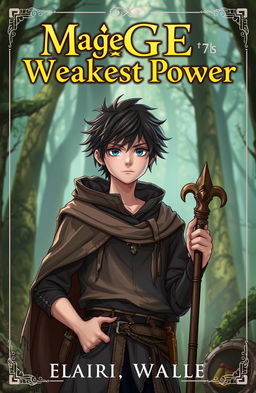 A fantasy book cover featuring a young male mage with the weakest power, looking determined yet slightly insecure